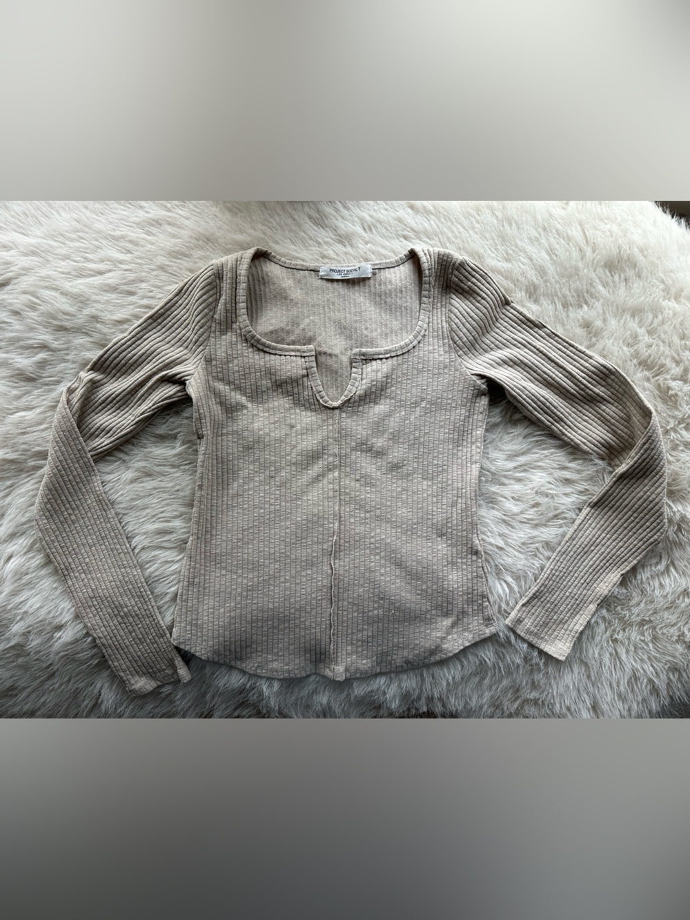 Project Social T Beige Ribbed Square-Neck Sweater top medium spread neck